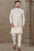 Cream Silk Weaved Thread Jacket Style Men's Kurta Pajama 
