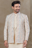 Cream Silk Weaved Thread Jacket Style Men's Kurta Pajama 