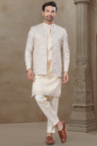 Cream Silk Weaved Thread Jacket Style Men's Kurta Pajama 