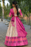 Cream Silk Woven Zari Flared Style Lehenga