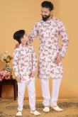 Creamy Pink Cotton Printed Father Son Duo Kurta With Churidar
