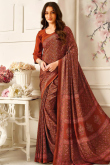 Crepe Brown Saree With Printed Work For Casual Wear