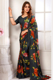 Crepe Charcoal Grey Printed Light Weight Saree