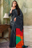 Crepe Charcoal Grey Saree With Printed Work For Casual Wear