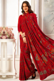 Crepe Cherry Red Saree With Printed Work For Casual Wear