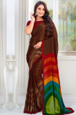 Crepe Dark Brown Saree With Printed Work For Casual Wear