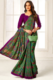 Crepe Fern Green Saree With Printed Work For Casual Wear