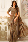 Crepe Oat Beige Saree With Printed Work For Casual Wear