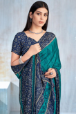 Crepe Persian Green Saree With Printed Work For Navratri