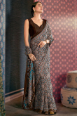 Crepe Printed Light Weaight Dark Brown Saree