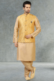 Dark Beige Indo Western Art Silk Men Kurta Pajama for Party 