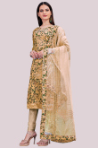 Dark Beige Chanderi Cotton Embroidered Churidar Suit