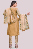 Dark Beige Chanderi Cotton Embroidered Churidar Suit