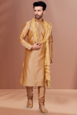 Dark Beige Dupion Silk Embroidered Men Kurta Pajama