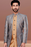 Dark Beige Dupion Silk Indo-Western Men Sherwani