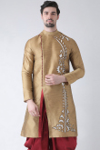 Dark Beige Dupion Silk Patch Embroidered Men's Kurta