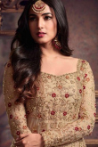 Dark Beige Embroidered Net High And Low Anarkali Suit 