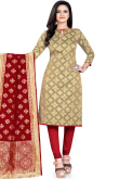 Zari Work Dark Beige Churidar Suit in Jacquard for Party 