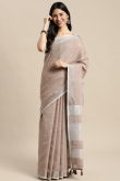 Dark Beige Linen Saree with Woven Zari Work for New Year