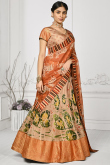 Dark Beige Printed Crushed Silk Flared Style Lehenga 