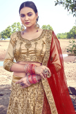 Satin Lehenga with Zari Embroidery in Dark Beige for Wedding 