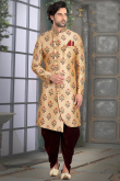 Dark Beige Silk Asymmetric Printed Men Sherwani