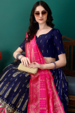 Dark Blue Art Silk Woven Zari Panelled Style Lehenga