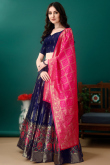 Dark Blue Art Silk Woven Zari Panelled Style Lehenga