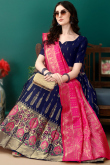 Dark Blue Art Silk Woven Zari Panelled Style Lehenga