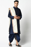 Dark Blue Dupion Silk Men Dhoti Kurta With Printed Dupattta