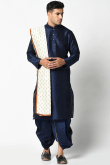 Dark Blue Dupion Silk Men Dhoti Kurta With Printed Dupattta