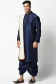 Dark Blue Dupion Silk Men Dhoti Kurta With Printed Dupattta