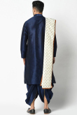 Dark Blue Dupion Silk Men Dhoti Kurta With Printed Dupattta