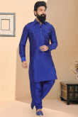 Dark Blue Pathani Sangeet Men Kurta Pajama in Dupion Silk