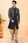 Dark Blue Dupion Silk Men's Sherwani with Weaved Work for Sangeet