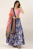 Dark Blue Floral Printed Silk A Line Lehenga