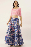 Dark Blue Floral Printed Silk A Line Lehenga