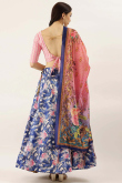 Dark Blue Floral Printed Silk A Line Lehenga