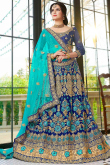 Zari Work Party Wear Lehenga in Dark Blue Net