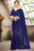 Net Saree with Stone Embroidery in Dark Blue for Party 