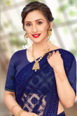 Net Saree with Stone Embroidery in Dark Blue for Party 