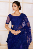 Stone Work Party Wear Saree in Dark Blue Net