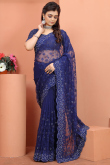 Dark Blue Net Saree for Party Wear with Pearl embroidery