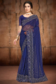 Woven Saree in Net Dark Blue for Party 