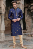 Dark Blue Poly Cotton Embroidered Men Kurta Pajama
