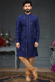 Sangeet Thread Embroidered Dark Blue Men Sherwani in Silk