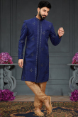 Sangeet Thread Embroidered Dark Blue Men Sherwani in Silk