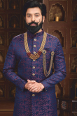 Dark Blue Achkan Silk Men Sherwani for Sangeet