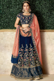 Dark Blue Velvet Embroidered Lehenga For Sangeet 
