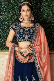 Dark Blue Velvet Embroidered Lehenga For Sangeet 